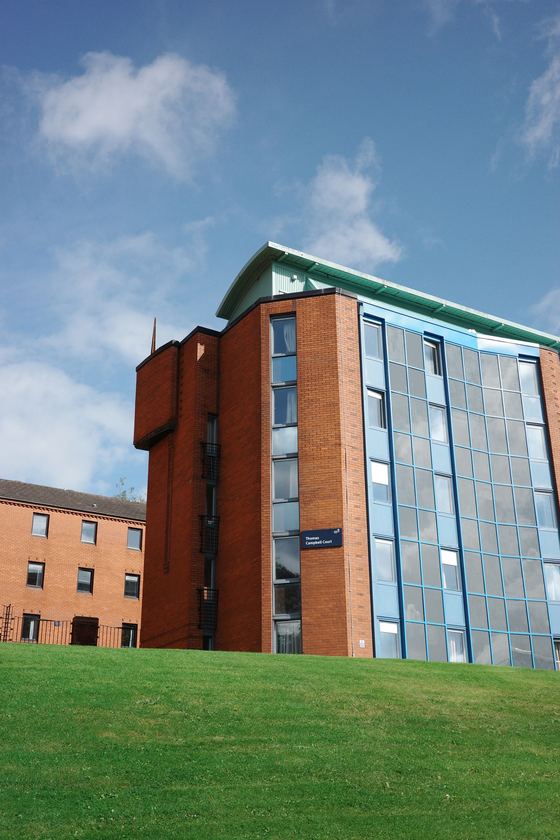 Strathclyde campus: Modern campus building against blue sky