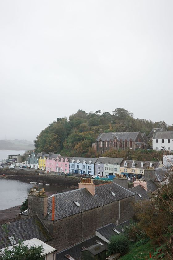 Portree: Colorful harbor buildings below wooded hill