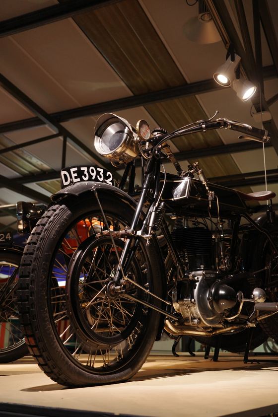 Grampian Transport Museum, Alford: Vintage motorcycle from low angle