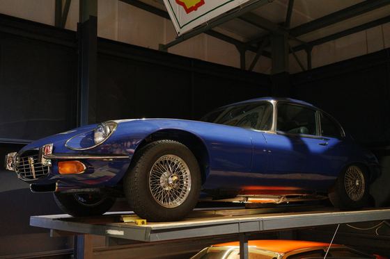 Grampian Transport Museum, Alford: Blue classic sports car in profile