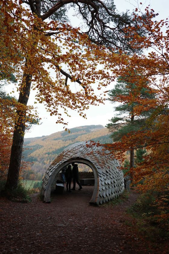 Dunkeld: Arched sculpture framing autumn hillside