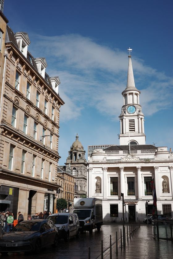 City centre: White church beneath blue sky