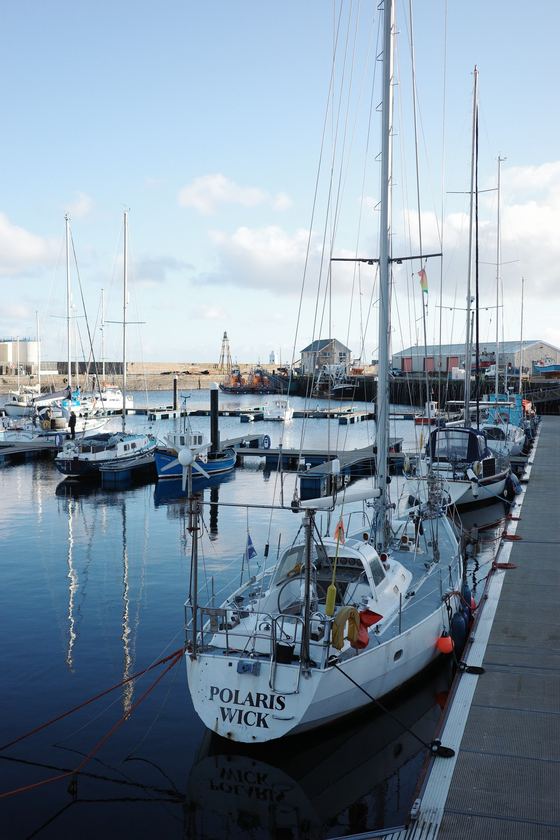 Wick: Sailboat framed against quiet marina