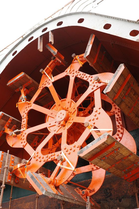 Loch Lomond: Bright orange boat paddlewheel detail