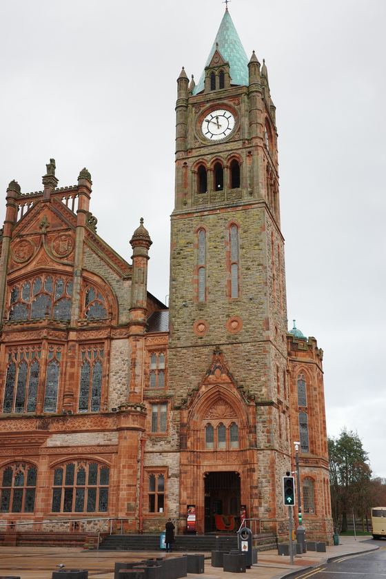 Derry: Guildhall facade and clock tower