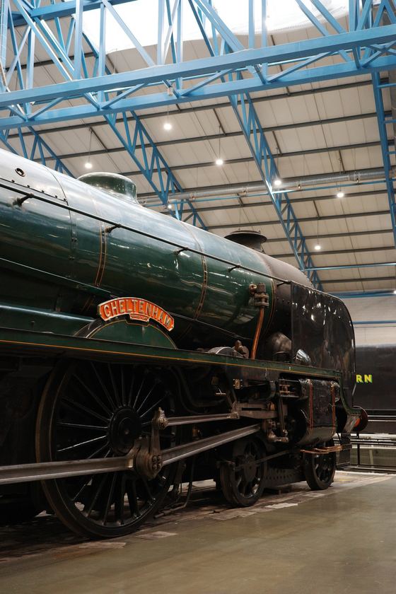 National Railway Museum: Long green engine under blue trusses