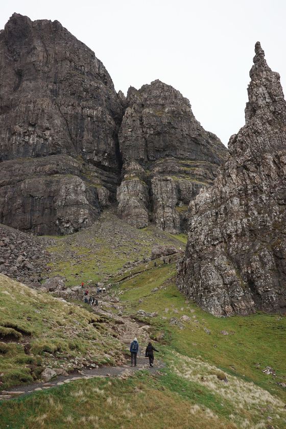 Storr: Towering rock formations with hikers