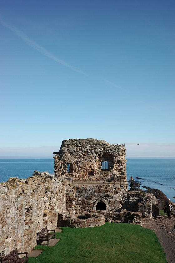 Cathedral and Castle: Coastal castle ruin above green lawn