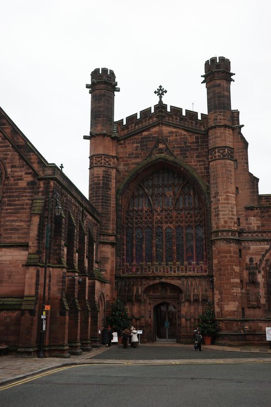 Chester: Chester Cathedral entrance framed from street